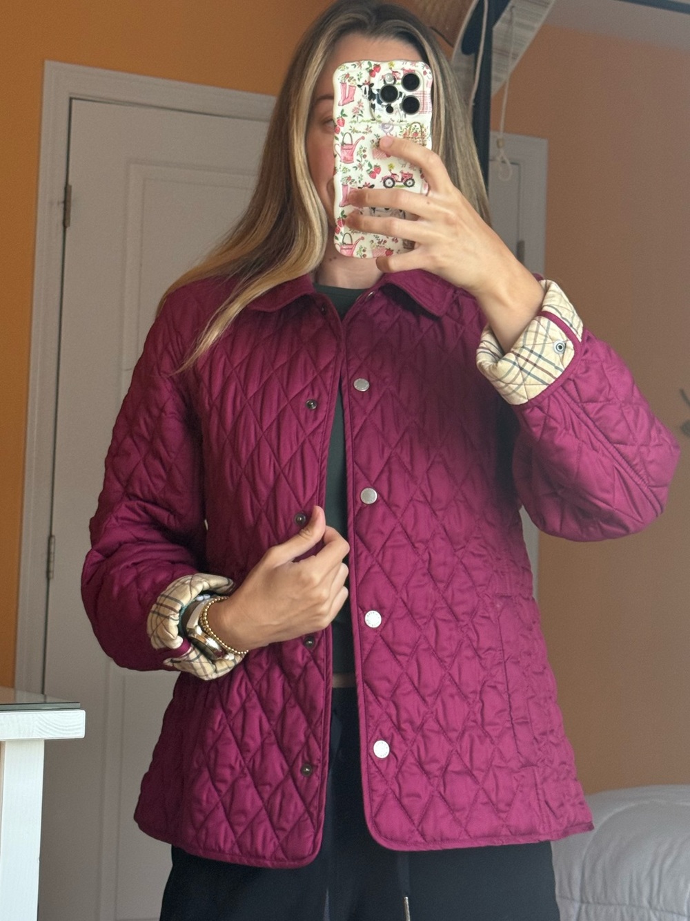 LL Bean Vintage Quilted Magenta Raspberry Pink Barn Jacked Plaid Tartan Lined S